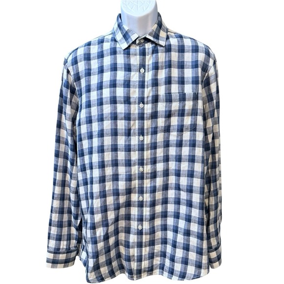 BLACK‎ BROWN LS Button Front Gingham Check Shirt Navy Black  Linen Large - Picture 1 of 9